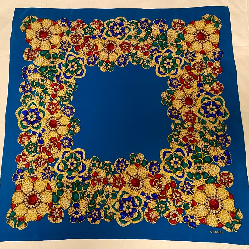 CHANEL Blue Jeweled Silk Scarf 33" x 34"